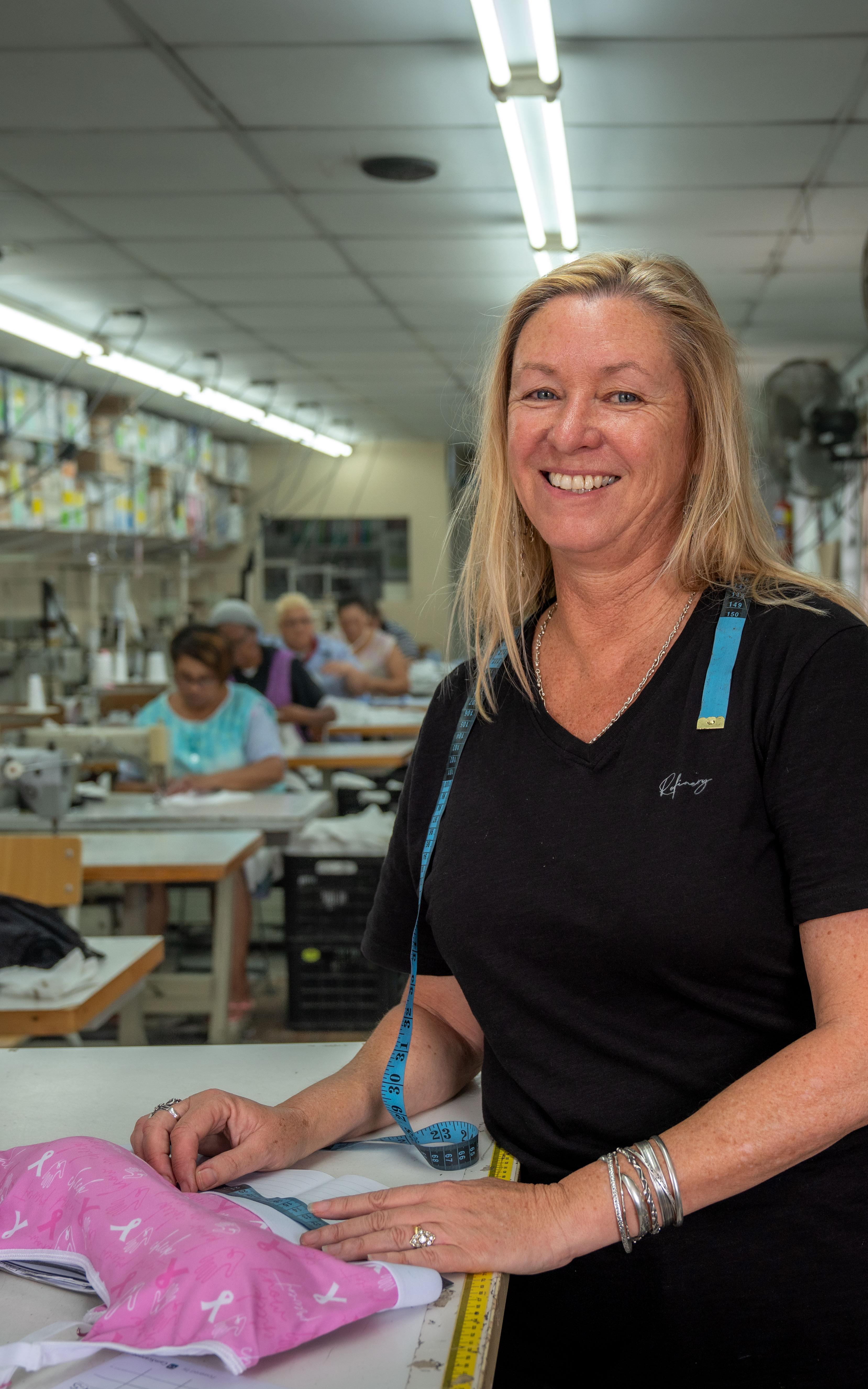 Bra designer Diane Schonegevel in factory