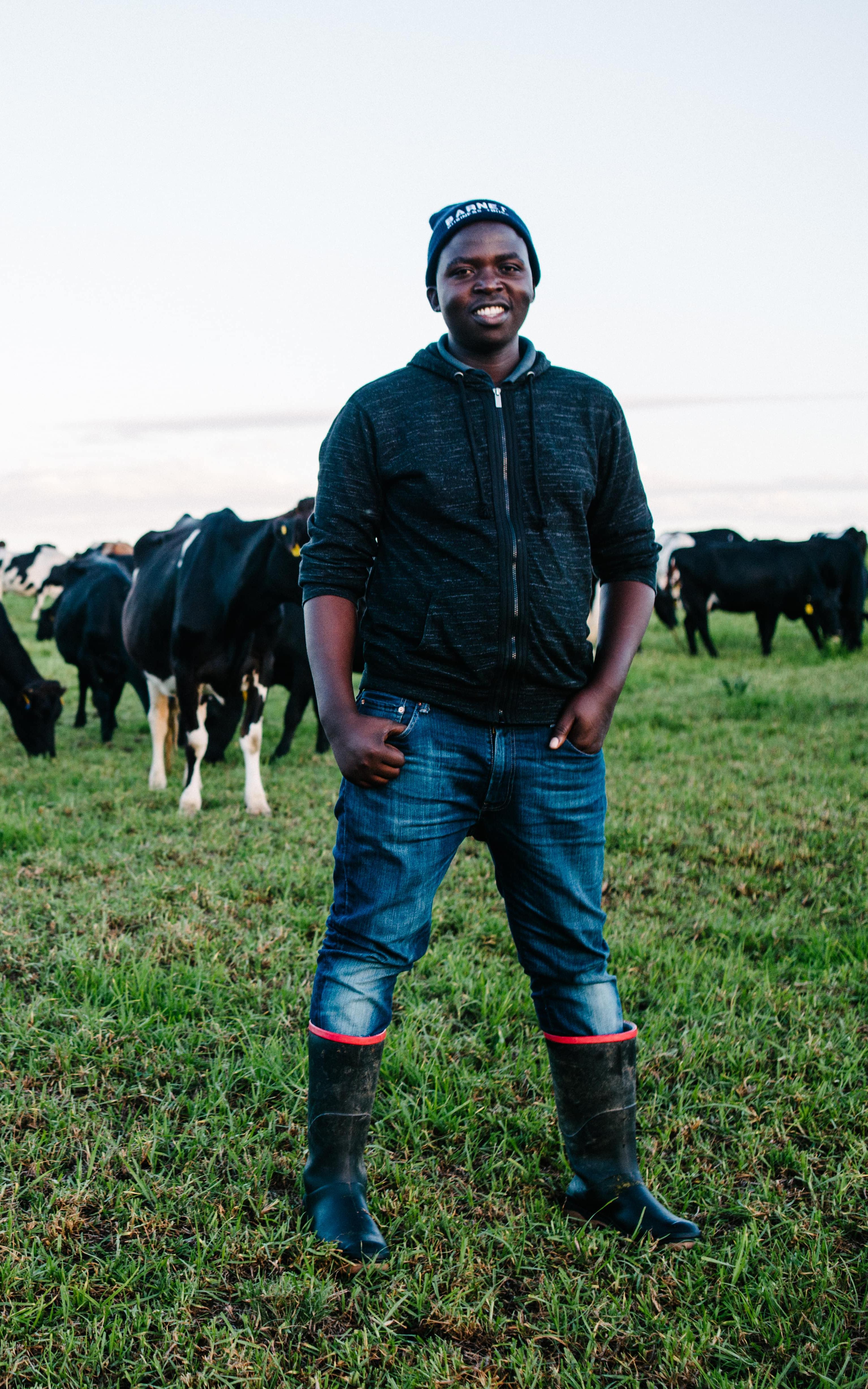 Black man smiling in front of a field of cows