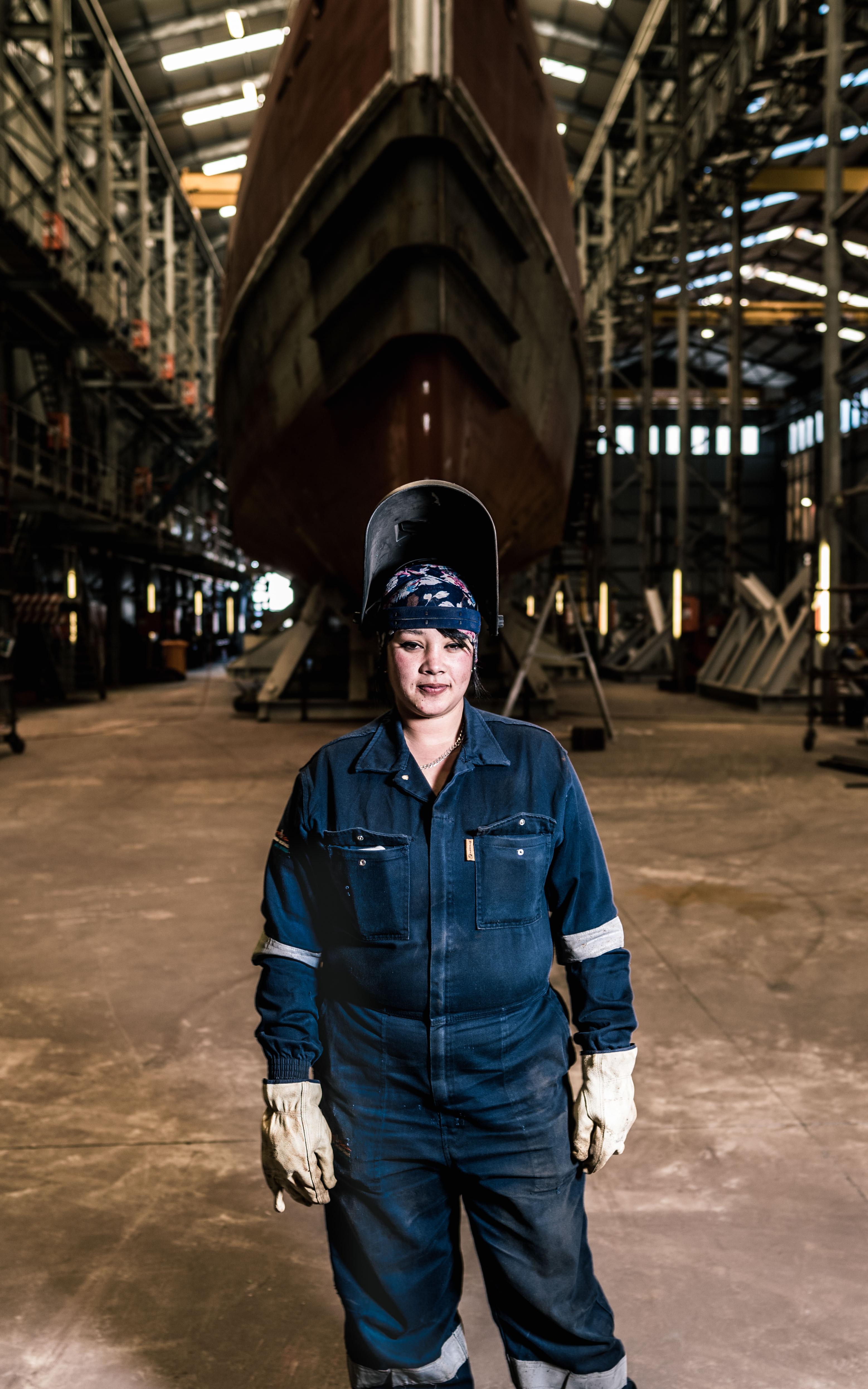 A boilermaker lady, builds ships from start to finish by her hands.