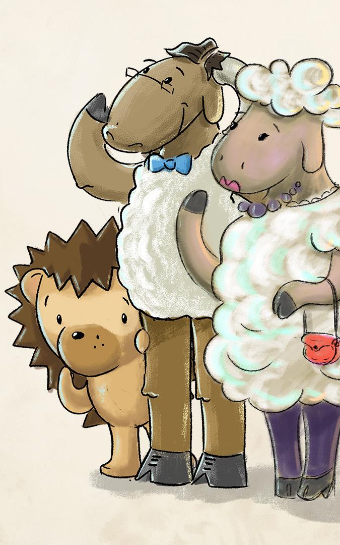 Cartoon hedgehog and sheep family