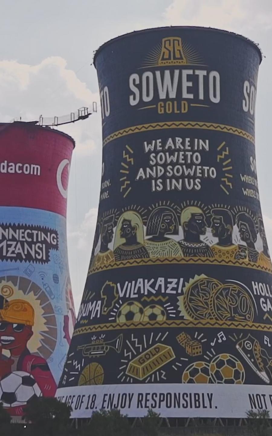 Two decorated water towers.