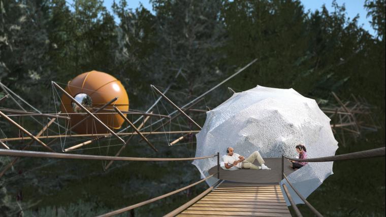 People sitting in eco houses