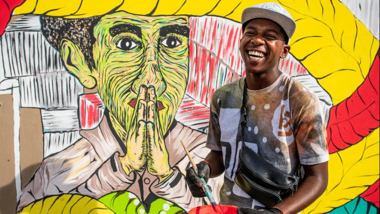Bulela Lesea is reclaiming the streets of Wolwerivier with vibrant bus stop murals