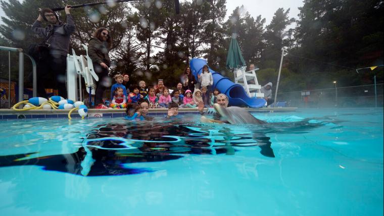 Beautiful News - Roger Holzberg of Edge Innovations in a swimming pool with a robot dolphin 