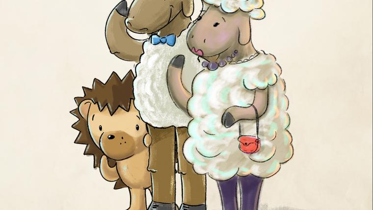 Cartoon hedgehog and sheep family