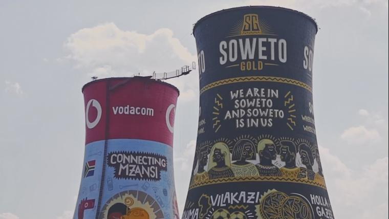 Two decorated water towers.