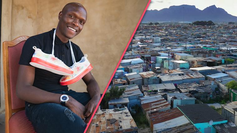 Lekau Sehoana holds up sneakers alongside aerial image of township